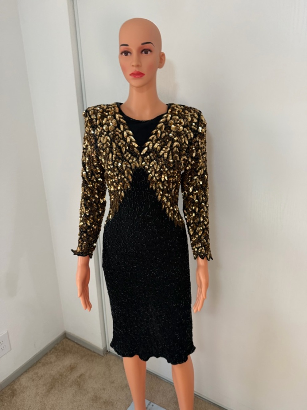 Vintage Nite Waves Samir Suri Black Gold Beaded Dress Open Back Glam Size S